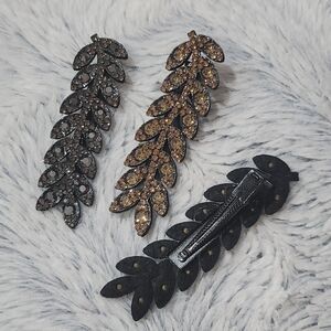 Rhinestone Leaf Barrette Clip - Gold and Black